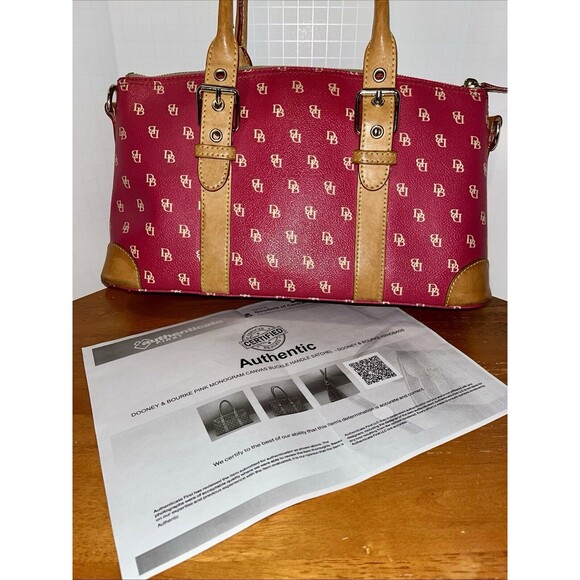 Dooney & Bourke Pebble Leather Satchel Berry Pink DB Logo Coquette Bag Tan Trim - Picture 12 of 13